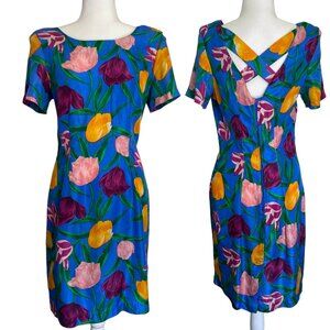 Vintage 100% Silk Blue Dress with Tulip Floral Print